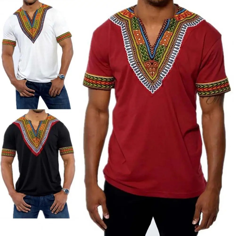 African traditional clothing for men dashiki summer t shirt Short Sleeve V Neck t-shirt male ethnic africa clothes Round Neck