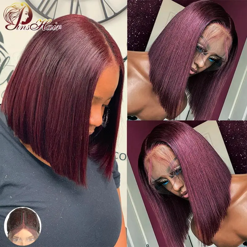 Perruque Bob Lace Wig Malaisienne Naturelle, Cheveux Lisses, Courts, Bordeaux, Rouge, Blond 99J, pour Femme Africaine, Bon Marché