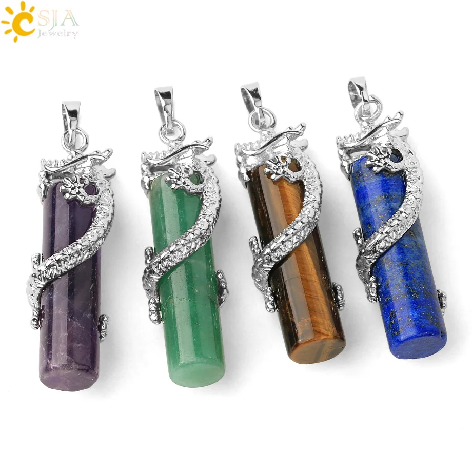 CSJA Reiki Dragon Wrap Drop Natural Stone Pendant Female Male Jewelry Opal Pink Quartz Gem Pendulum Amulet Jewellery E181