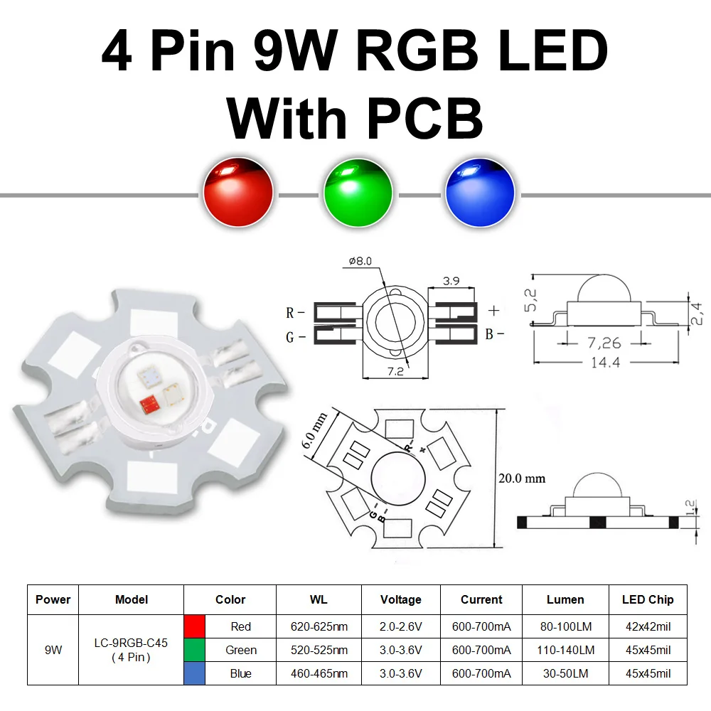 Super Bright 3W 9W RGB High Power LED Chip COB 1 3 W Watt Red Green Blue 4 6 Pin with PCB Full Color For Stage Light Beads