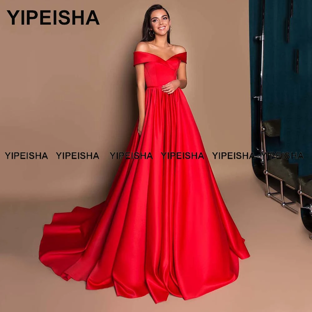 Yipeisha fora do ombro rosa vestidos de baile até o chão uma linha fenda vermelho cetim vestido de festa de casamento plus size formal vestido de noite