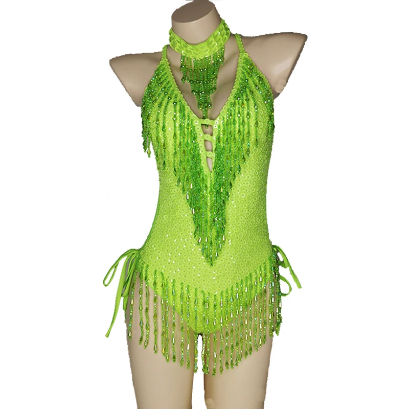 Sparkly Green Tassel Bodysuit Sexy Women Outfit Beads Sequins Carnival Costume Costume Stage Performance One-piece Dance Wear