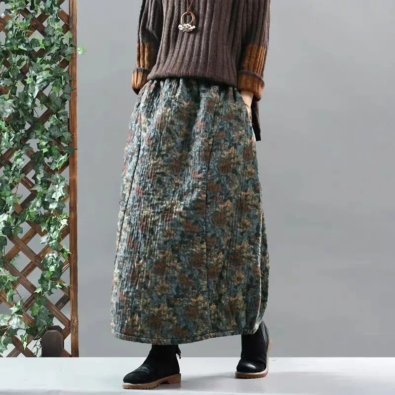 Autumn Winter New Arts Style Women Elastic Waist Thicken Warm Loose Long Skirt Vintage Print Cotton Casual A-line Skirts M267