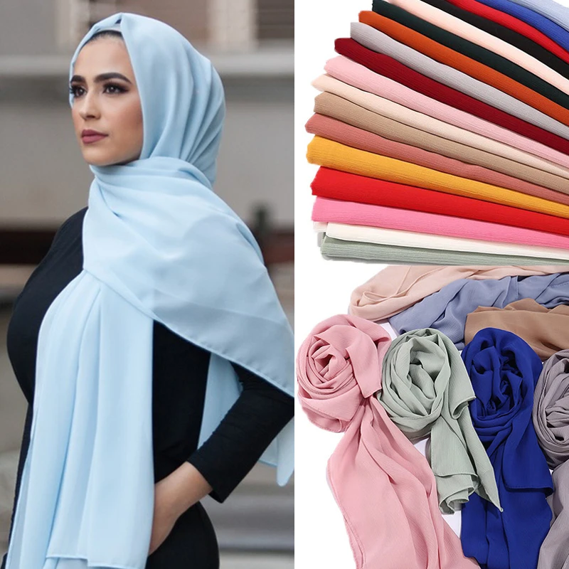 2023 New Elegant Modest Women Bubble Chiffon Solid Oversizes Muslim Head Scarf Ladies Shawl and Wrap Female Foulard Hijab Stoles