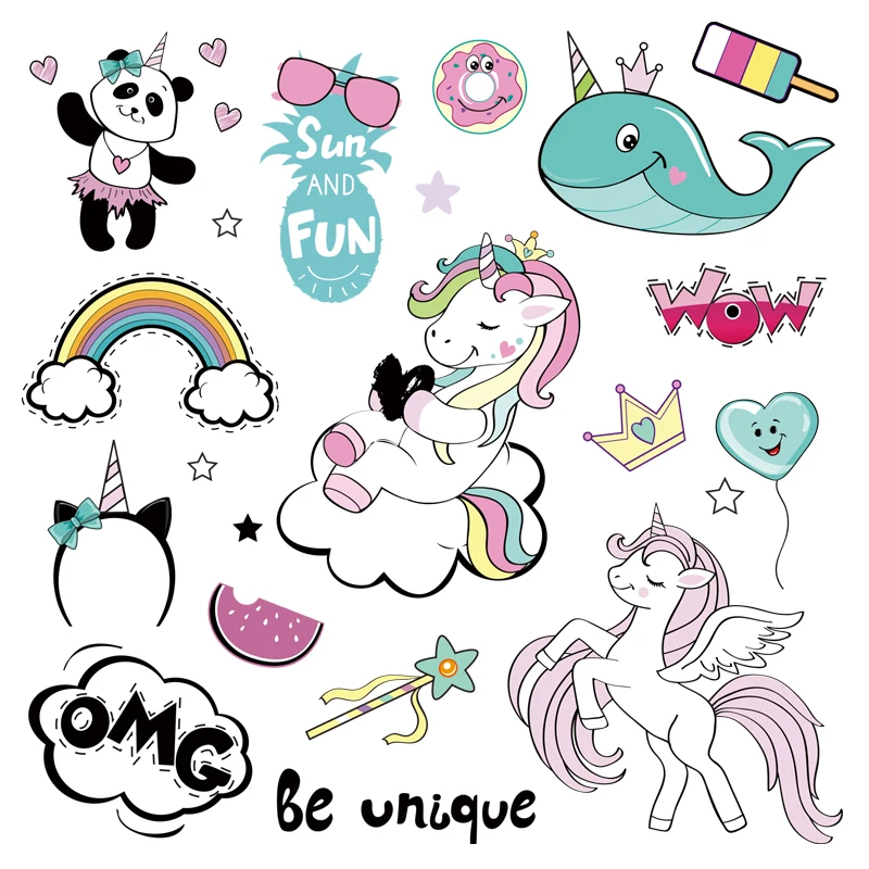 THE NEW Diy Set of Adorable Unicorn Iron on Transfer Patches for Kids Washable Clothes Patches Narwhal Appliques Vinyl Stick for