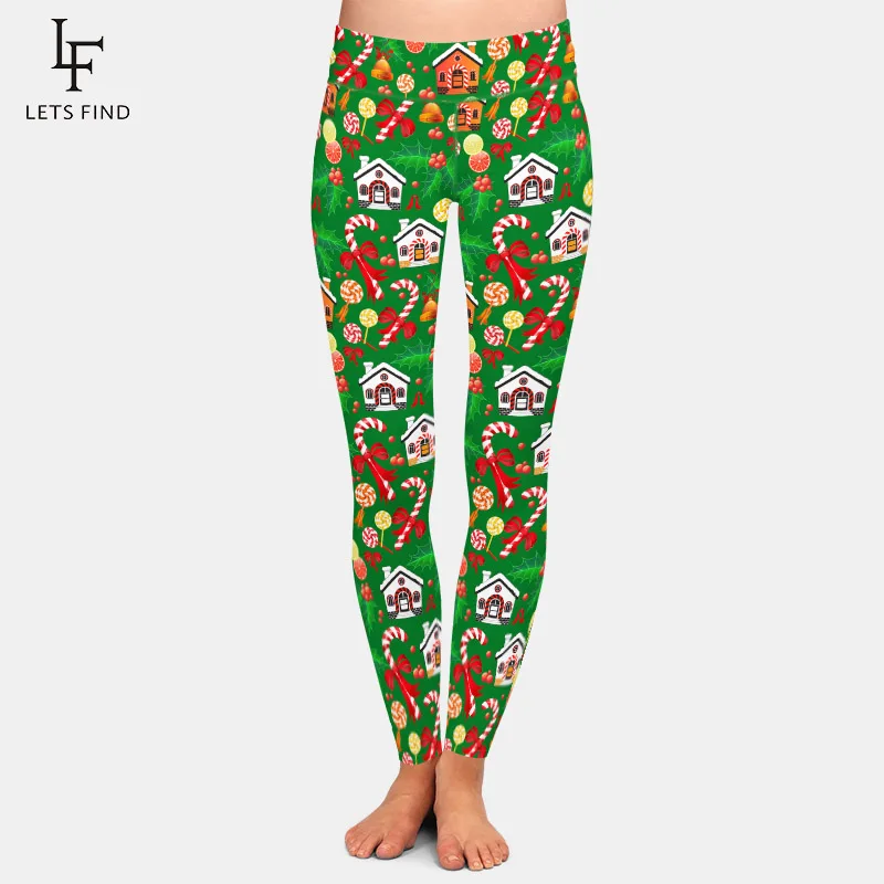 

LETSFIND New Arrival 3D Christmas Candy Cane with Red Bow Bell House Print Leggings High Waist Slim Women Leggings