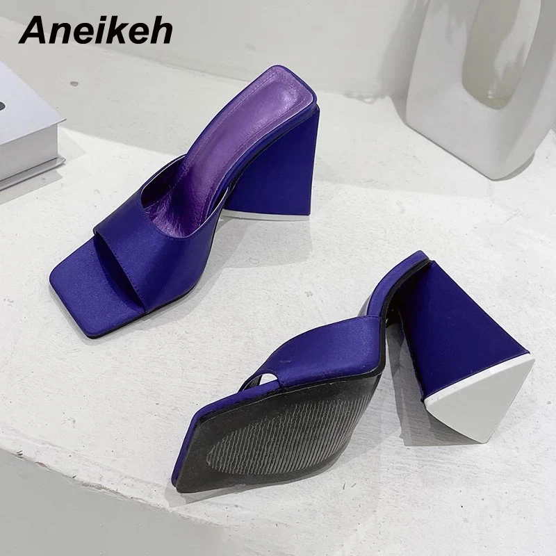 Aneikeh Women\'s Shoes Silky Wide Band Triangle High Transparent High Heel Comfortable Mules Concise Slip-On Outdoor Slippers 41