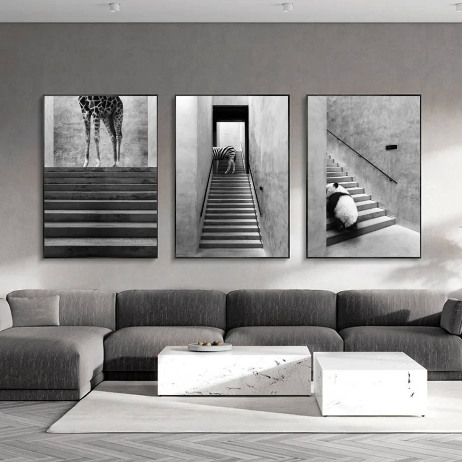 Panda giraffe on the stairs wall art canvas painting black and white Nordic posters and prints on the wall pictures of the livin