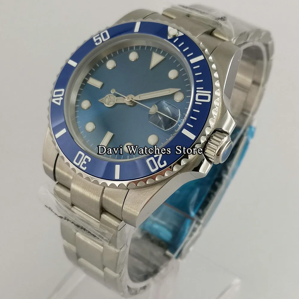 

40mm Blue Sterile Mens Watches Ceramic Bezel Sapphire Glass 24 Jewels Japan NH35 Automatic Movement Male WristWatch