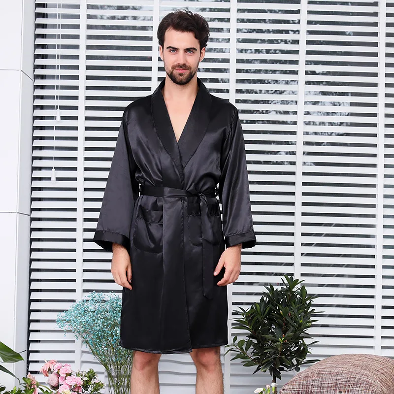 Plus Size Men Summer Silk Long Sleeve Bath Robes and Shorts 2 Piece Pajamas Set Men\'s Kimono Soft Satin Bathrobe Shorts Suit