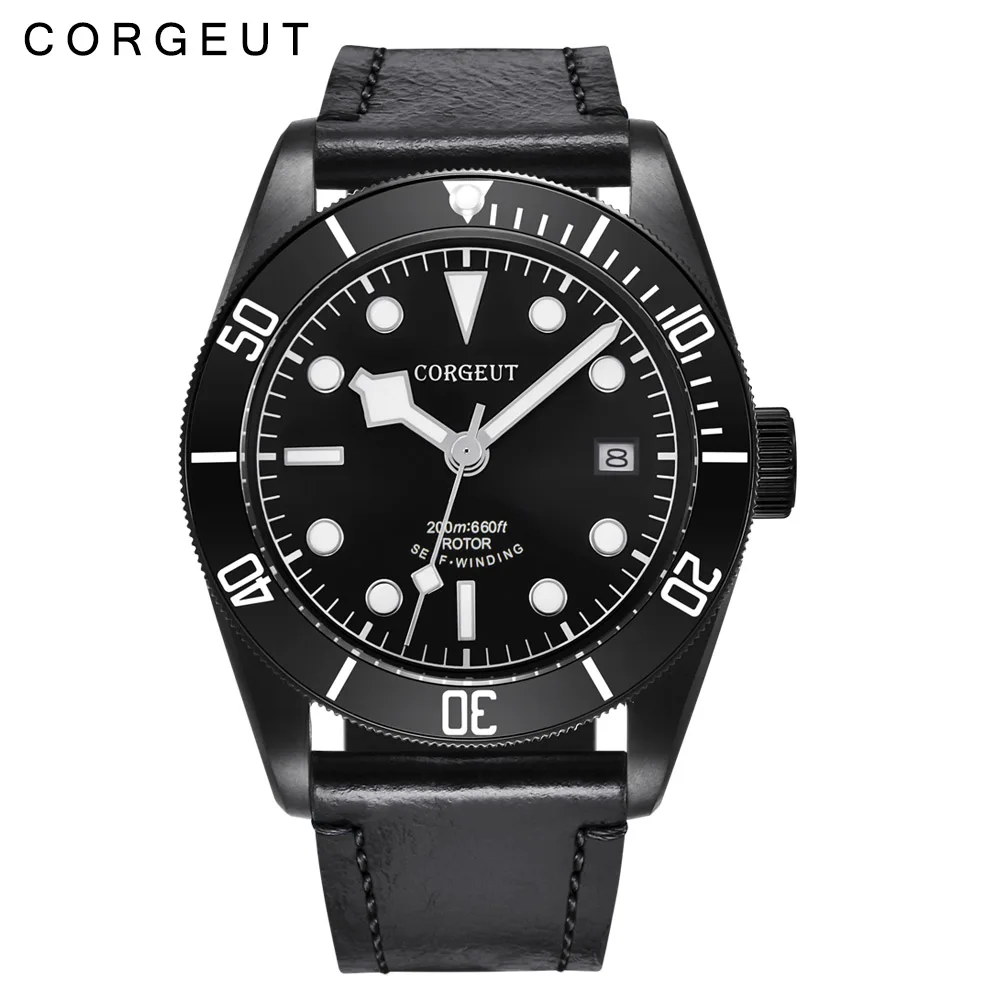 NH35 Mens Watch 41mm Black Pvd Case Miyota8215 Seagull Automatic Movement No Logo Luminous Sapphire Glass Swim Deepwater CORGEUT