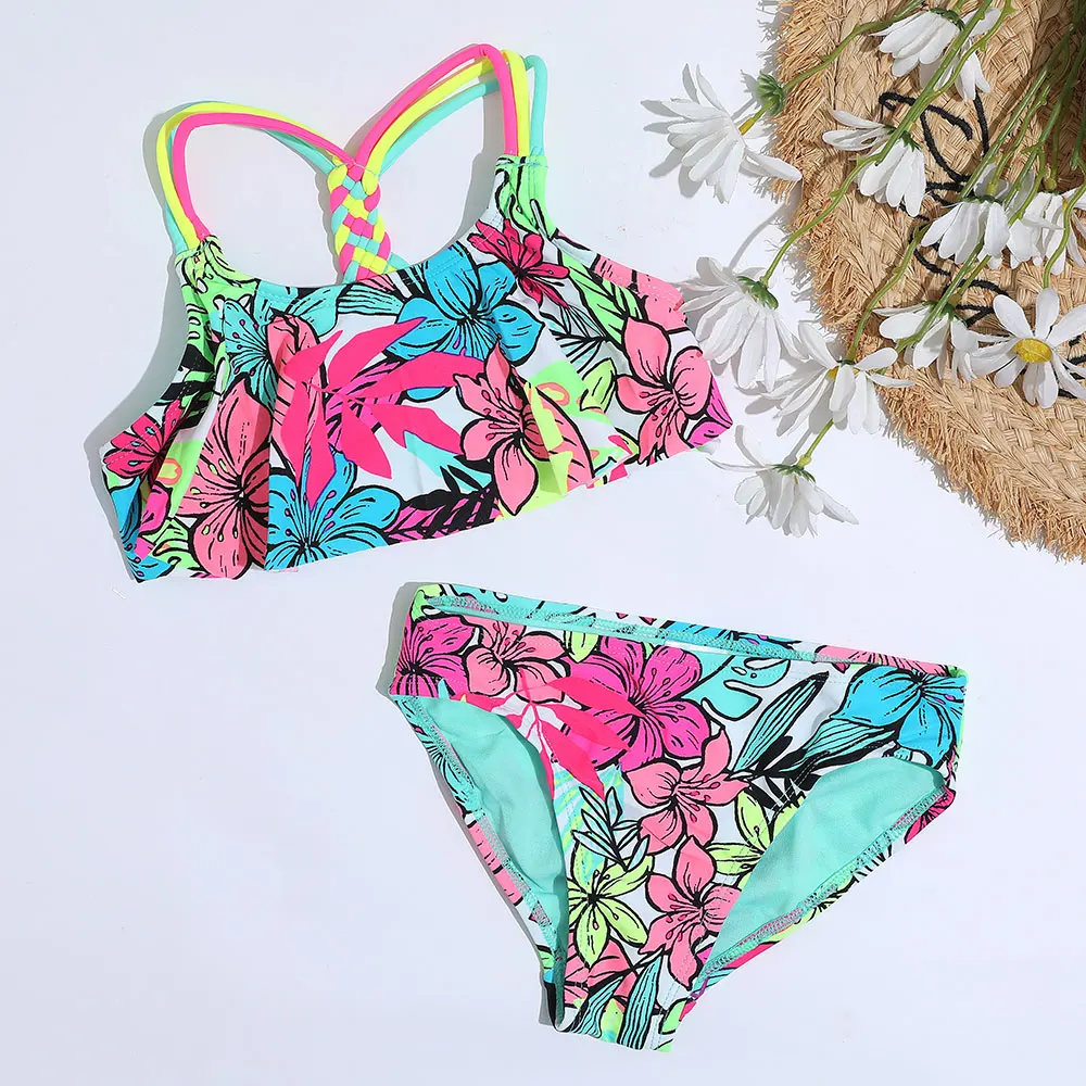 4-18 Years Flounce Girl Swimsuit Kids Tropical Floral Two Piece Children\'s Swimwear Crochet Strap Bikini Set Girls Bathing Suits