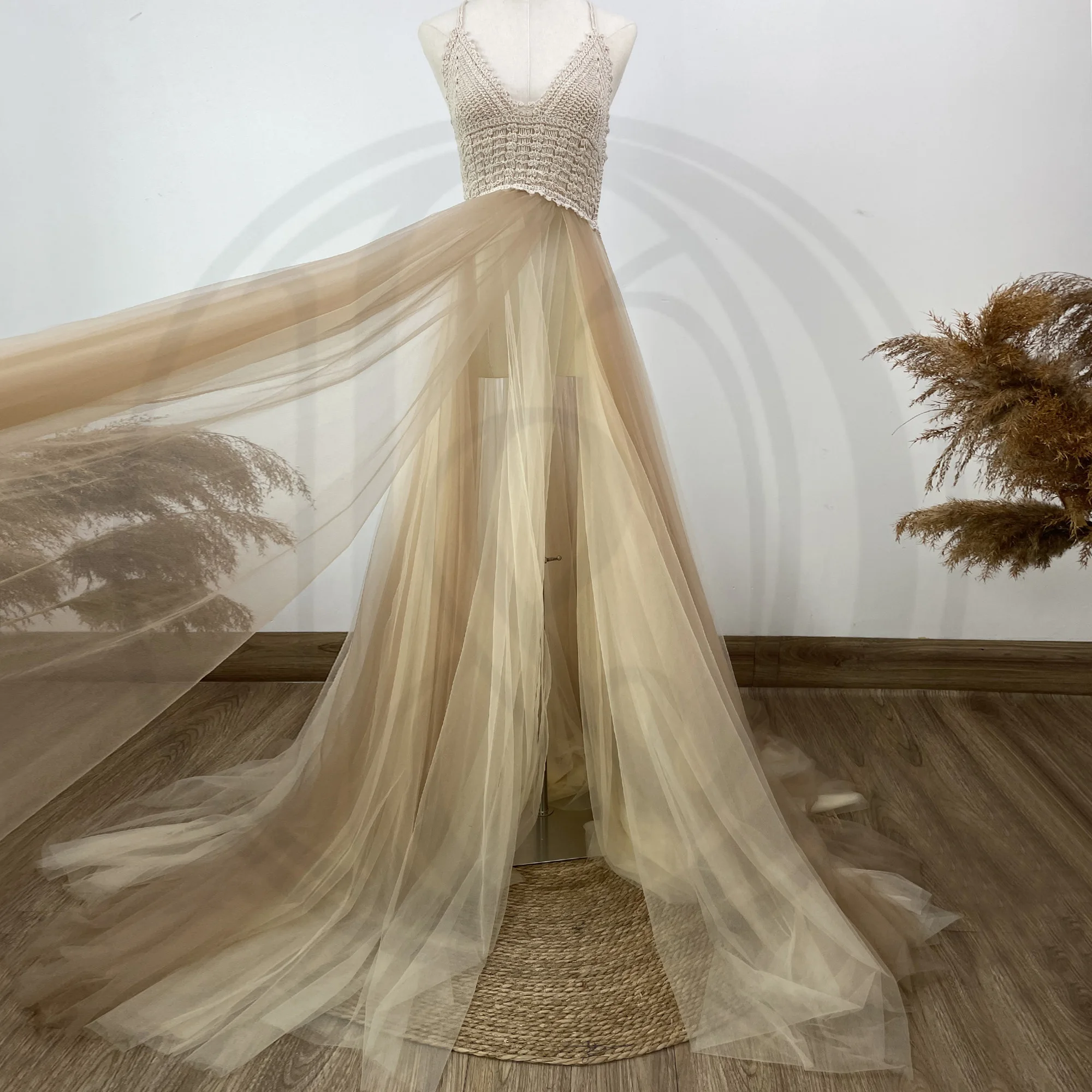 Don&Judy Sexy V Neck Backless Tulle Photoshoot Maternity Dresses Prom Bride Beach Birthday Party Wedding Robe Gown Photography