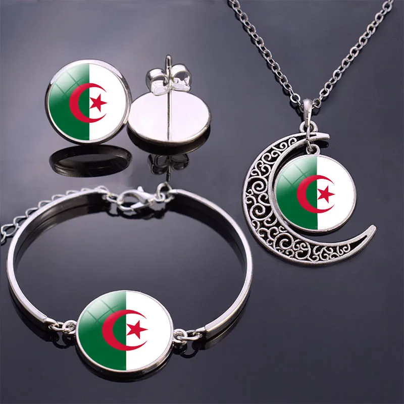 Algeria Flag Jewelry Set Algeria Flag Glass Cabochon Stud Earrings/ Bracelet/ Necklace Set