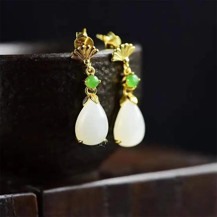 Silver inlaid natural Hotan white jade pith drop shaped long earrings Chinese style retro Bohemian charm women's jewelry