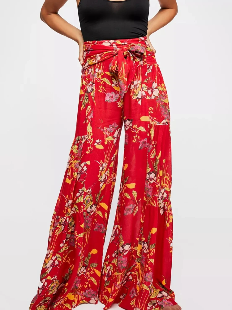 

Women Casual Loose Beach Pants Vintage Print Pant Summer 2023 Holiday Wide Leg Trousers Oversized High Waist Long Pantalon Femme
