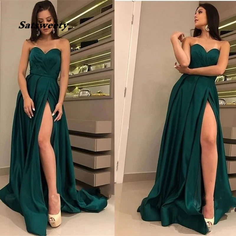 Seksowna szczelina bez ramiączek zakładka prom party suknie wieczorowe vestido de noiva sereia suknia szata de wieczór prom party proste satynowe sznurowane