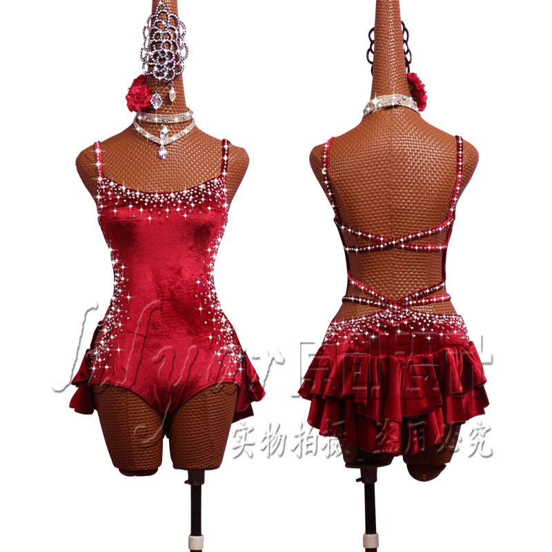 Pole Dancing Latin Dance Dress Steel Pipe Girl Costumes Skirt Performing Dress Adult Customize Children Stretch Velvet Wine  Red