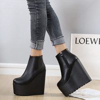 16Cm Super High Heels Platform Slope Heel Short Boots Female British Style Thick-Soled  Boots PU Leather Women Ankle Boots