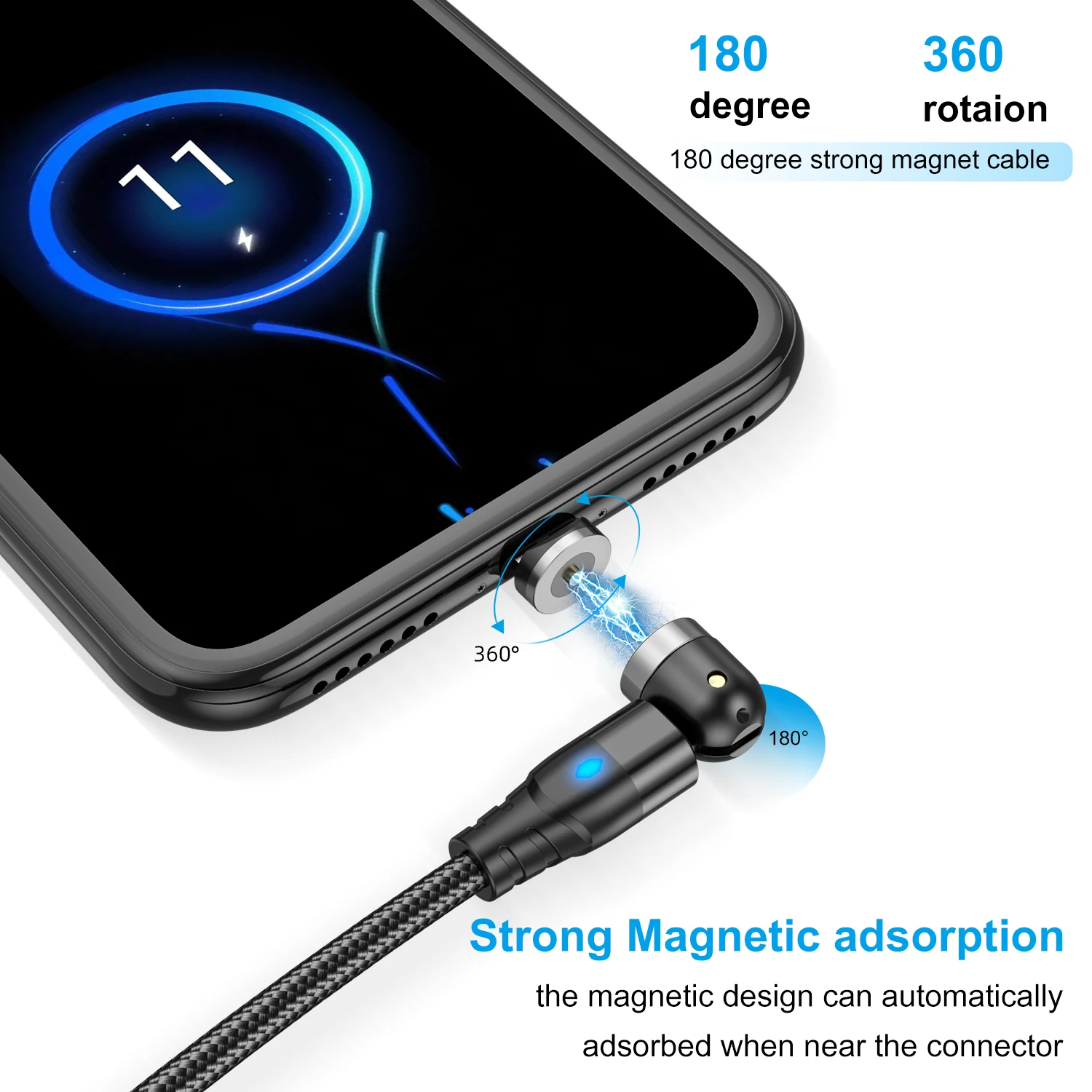 GTWIN Magnetic USB Cable For iPhone Charger 540 Degree Rotate USB Type C Cable For Xiaomi Samsung Magnet Charge Micro USB Cable