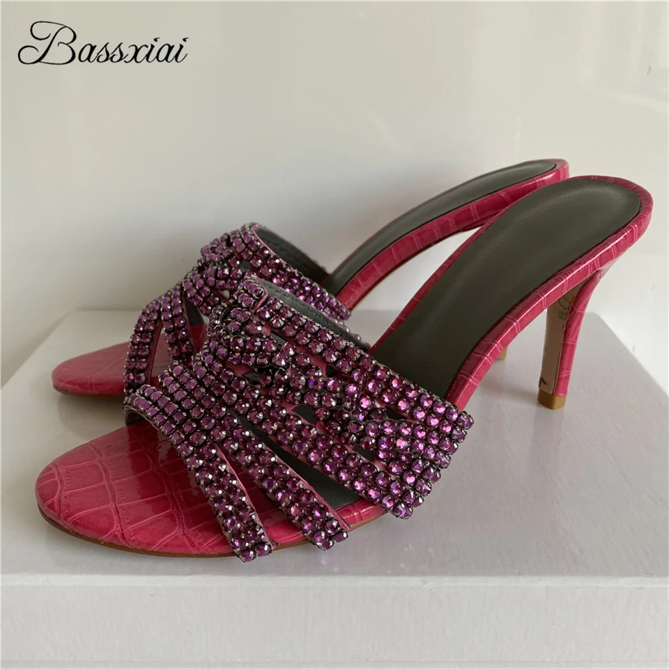 

9cm Thin High Heel Sandals For Girls Women Sexy Open Toe Genuine Leather Slingbacks Crystal Rhinestone Runway Shoes Summer