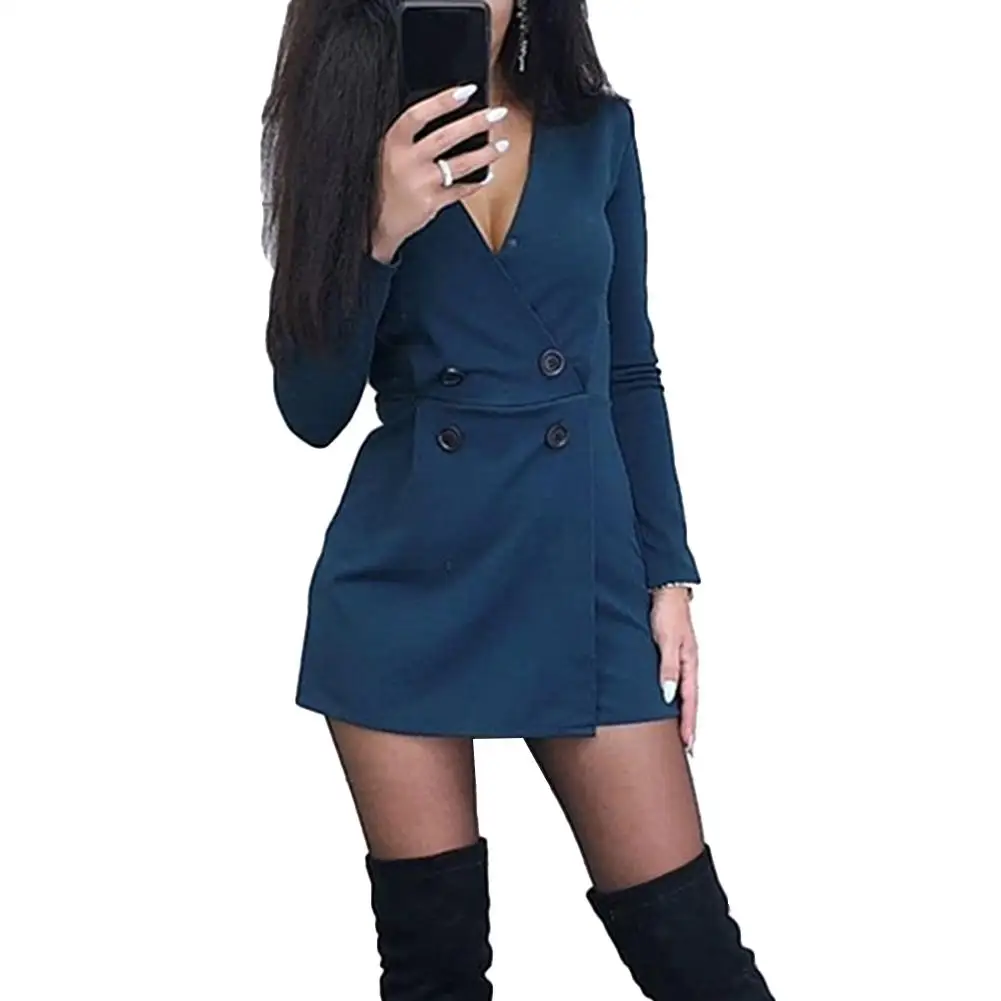 80% Hot Sales!!! Chic Women Solid Color Long Sleeve V Neck Double-breasted Dress Short Jumpsuit