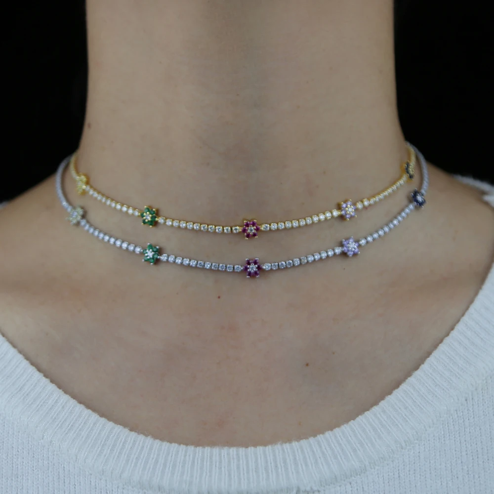 2024 Spring Colorful Rainbow Cubic Zirconia CZ Flower Charm Thin CZ Tennis Chain 32+10CM Fashion Women Choker Necklace