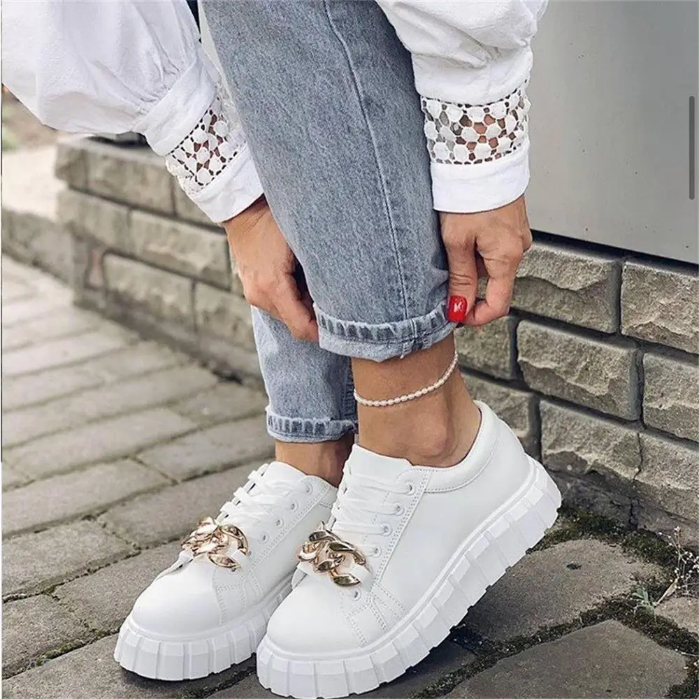 Fashion White Sneakers Women 2024 Spring New Ladies Comfy Lace Up Casual Shoes With Chain 36-43 Large-Sized Female Sport Flats