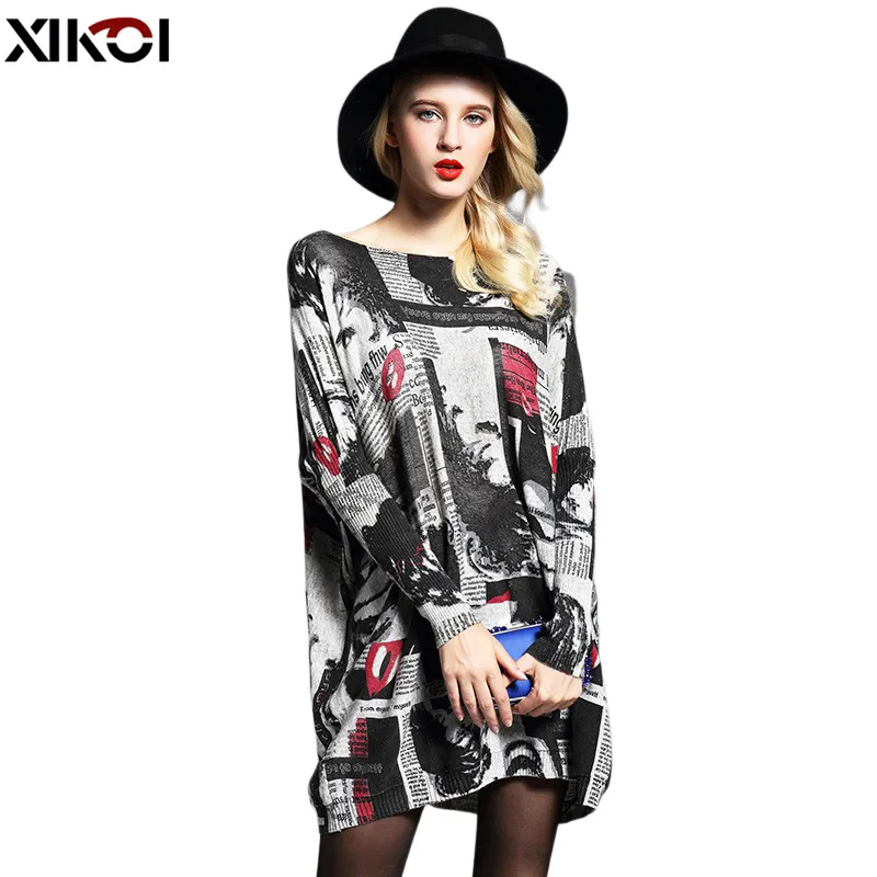 XIKOI Women Oversized Sweater Dress Autumn Pullovers Batwing Sleeve Patchwork Print Slash Neck Pull Femme Knitted Sweaters