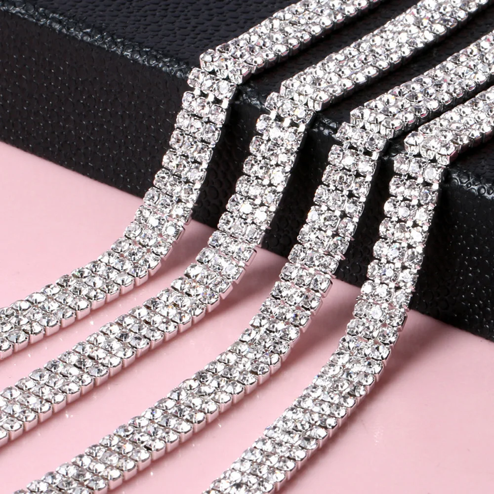 Clear Crystal 2Row/3Row 1yard Sewing Rhinestone Chain SS12 Silver Base Claw Glue on Rhinestone Trim Chain DIY Craft Accessories