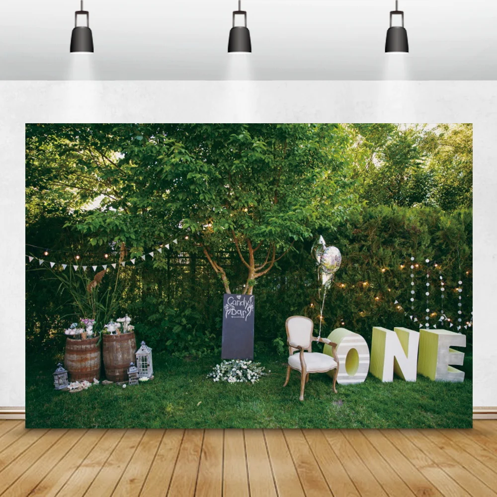 

Baby One Birthday Party Background Green Lawn Outdoor Garden Party Decor Photography Prop Family Portrait Photo Backdrop Banner