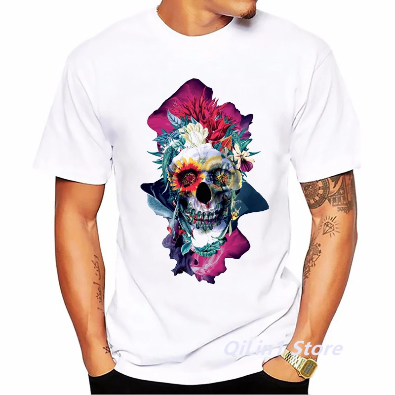 Men 2024 Summer Fashion Skull Flower Plant Print Short Sleeve Tshirt Male T-Shirt Homme Hip Hop T Shirt Geek Top Cool Streetwear