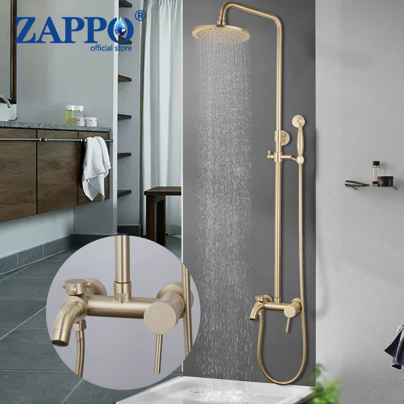 ZAPPO Brushed Golden Round Rainfall Bathroom Shower Faucet Wall Mounted Bathtub Hot Cold Shower Head Handheld Faucets Shower Set