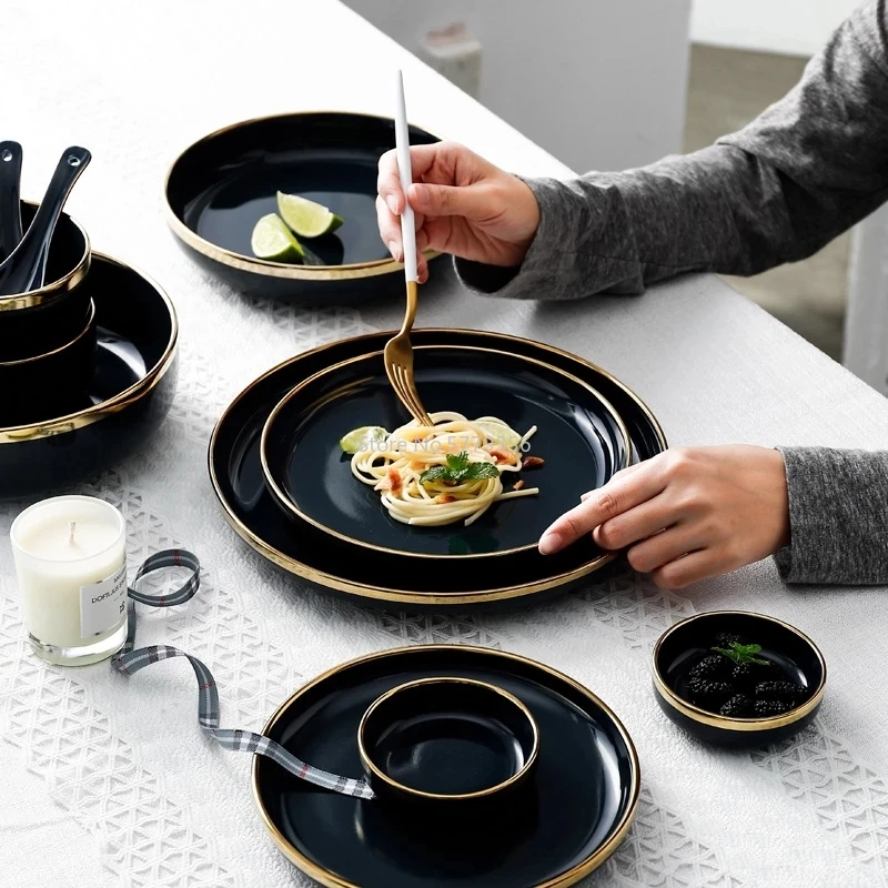 Pink Black Gold Inlay Ceramic Dinner Plate Tableware Porcelain Bulk Serving Dishes Home Wedding Decorative Dinnerware
