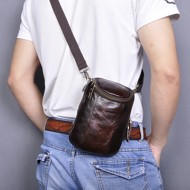 New Quality Leather men Casual Fashion Small Shoulder Messenger Bag Designer Hook Fanny Waist Belt Pack Cigarette Case 611-25-d