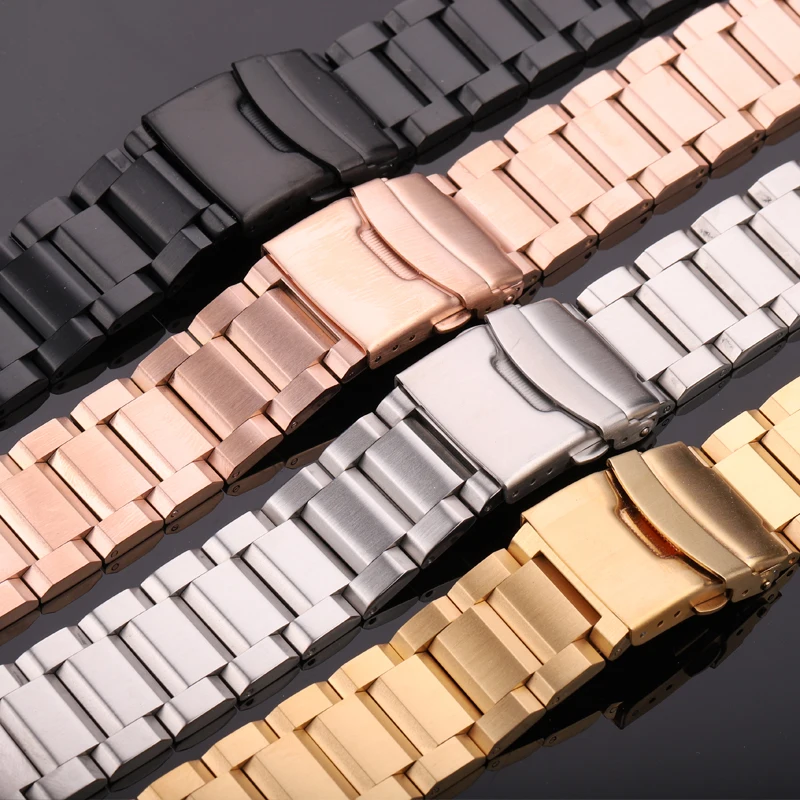 Stainless Steel Watch Band Link Bracelet Style 18mm 20 22 24mm Available in Silver Rose Gold Black Unisex Metal Watchband