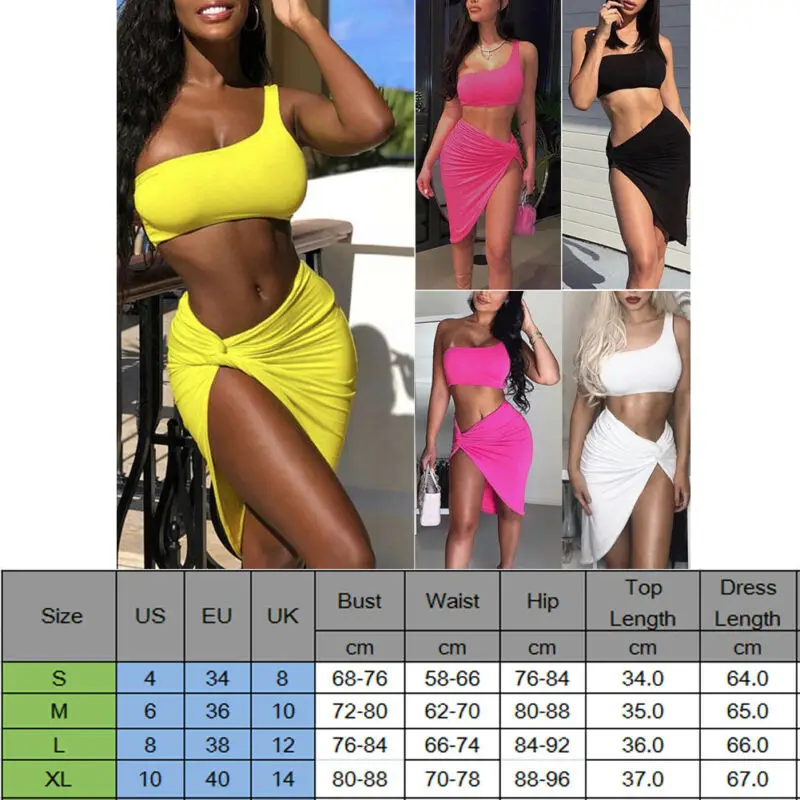 Women Bodycon Set Two Piece One Shoulder Crop Top and Mini Skirt Set Bandage Sexy Clubwear Yellow Black White Rose Red