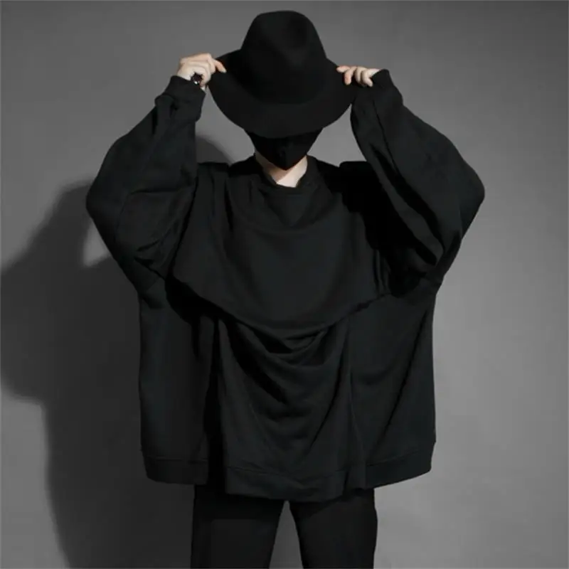 

Autumn and winter style personality trend nightclub style pleated bat sleeve design hedging extra loose men