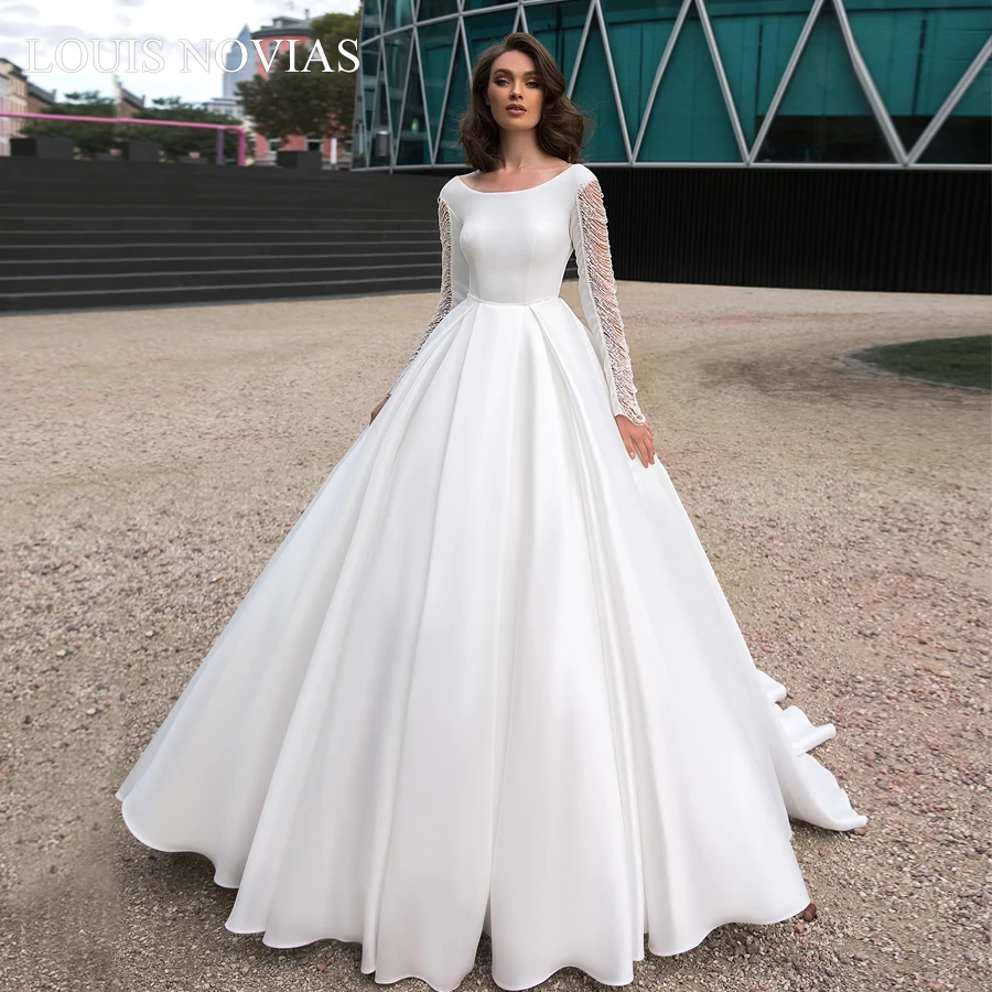 Louis Novias – robe de mariée en Satin mat à manches longues, luxueuse tenue de bal