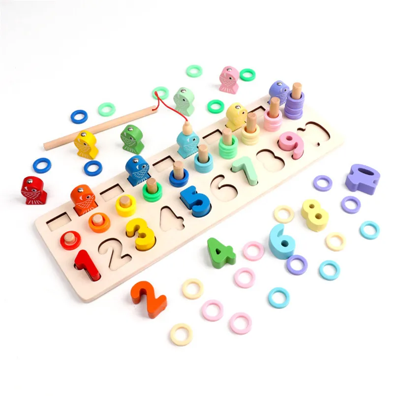 3 In 1 Voorschoolse Houten Montessori Speelgoed Magnetische Vissen Game Count Geometrische Vorm Cognitie Match Baby Onderwijs Math Speelgoed Gift