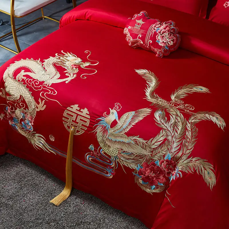 Chinese Wedding Red Egyptian Cotton Bedding Set Luxury Golden Dragon Phoenix Embroidery Tassel Duvet Cover Bed Sheet Pillowcases