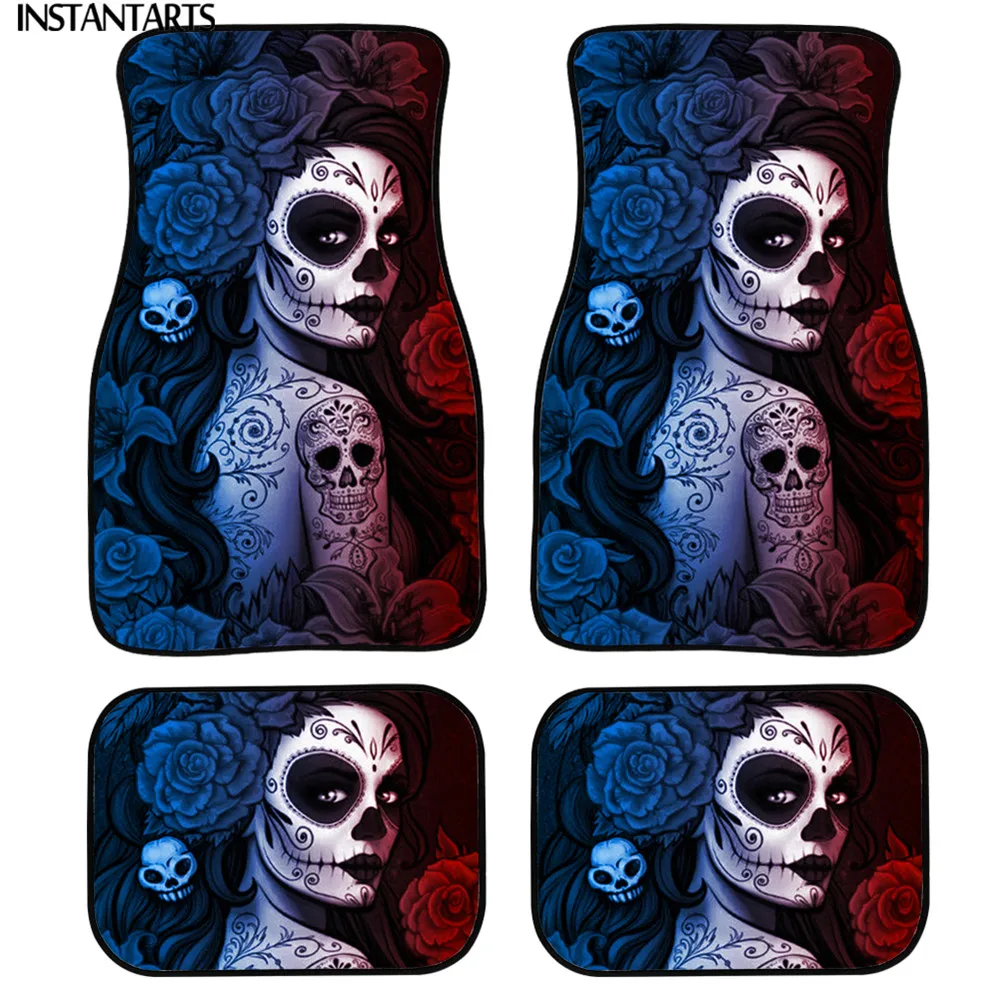 INSTANTARTS Poppy Floral Skull Day of the Dead Print Car Carpet Floor Mats Washable Universal Floor Mat for Cars Carpet Rug 4pcs