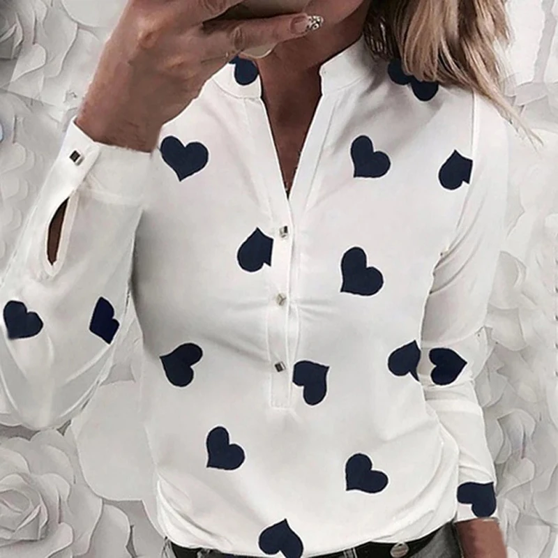 Women\'s Flower Heart Print Blouse 2020 Fashion Spring Summer Casual Long Sleeve V Neck Shirt Ladies Elegant Buttons Dating Tops