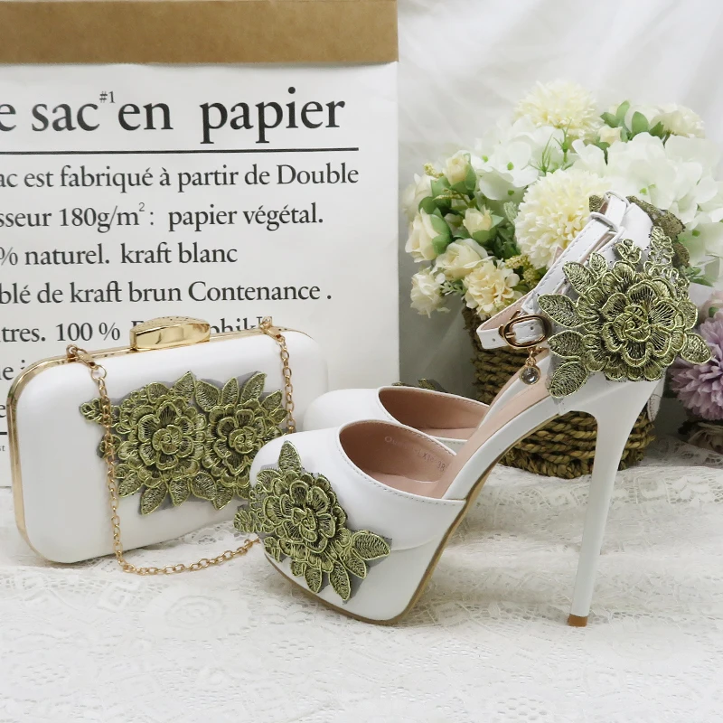 High Heels Summer Sandals Wedding Shoe Bride Round Toe Ankle Strap Ladies Party Pumps Woman big size shoe purse set White Shoe