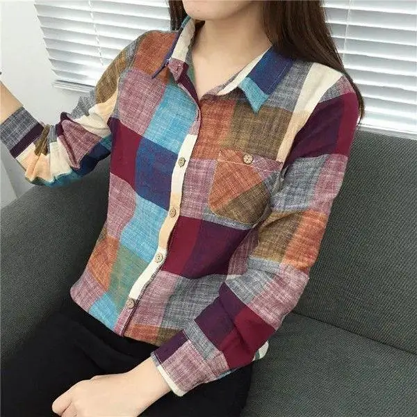 Blouse Women Shirt Autumn Loose Plaid Top Coat Women Blusas Mujer De Moda