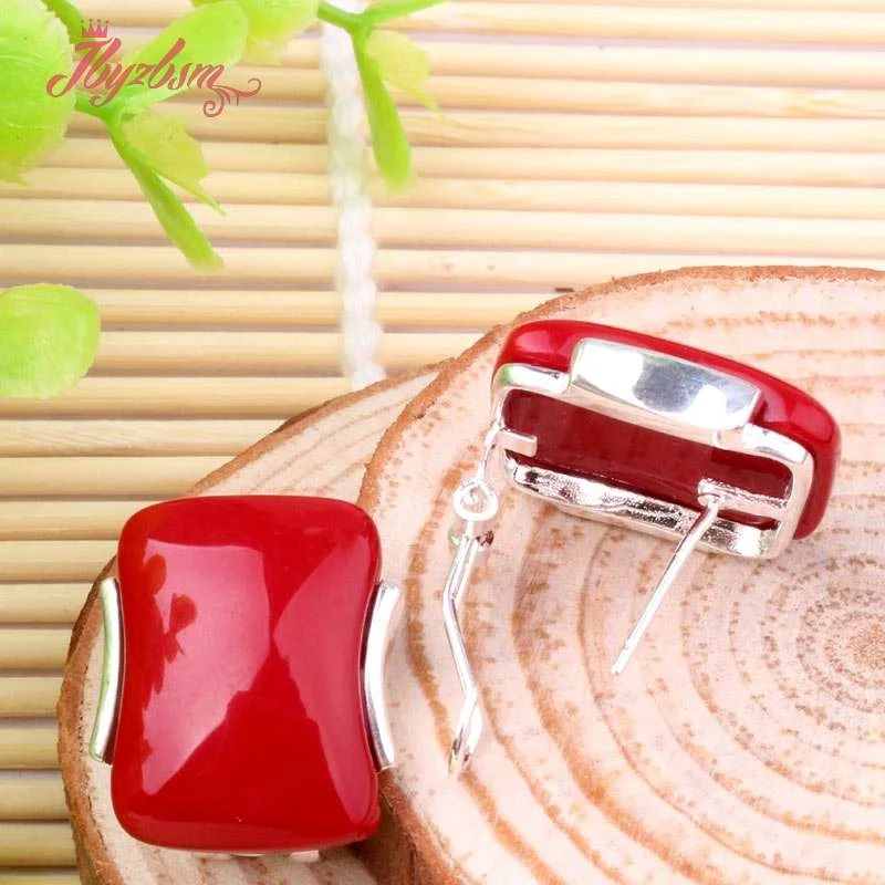 10x20mm Rectangle Stone Beads Agates Coral Cat Eye Jades Tibetan Silver Fashion Clamp Earring For Woman Christmas Gift 1 Pair