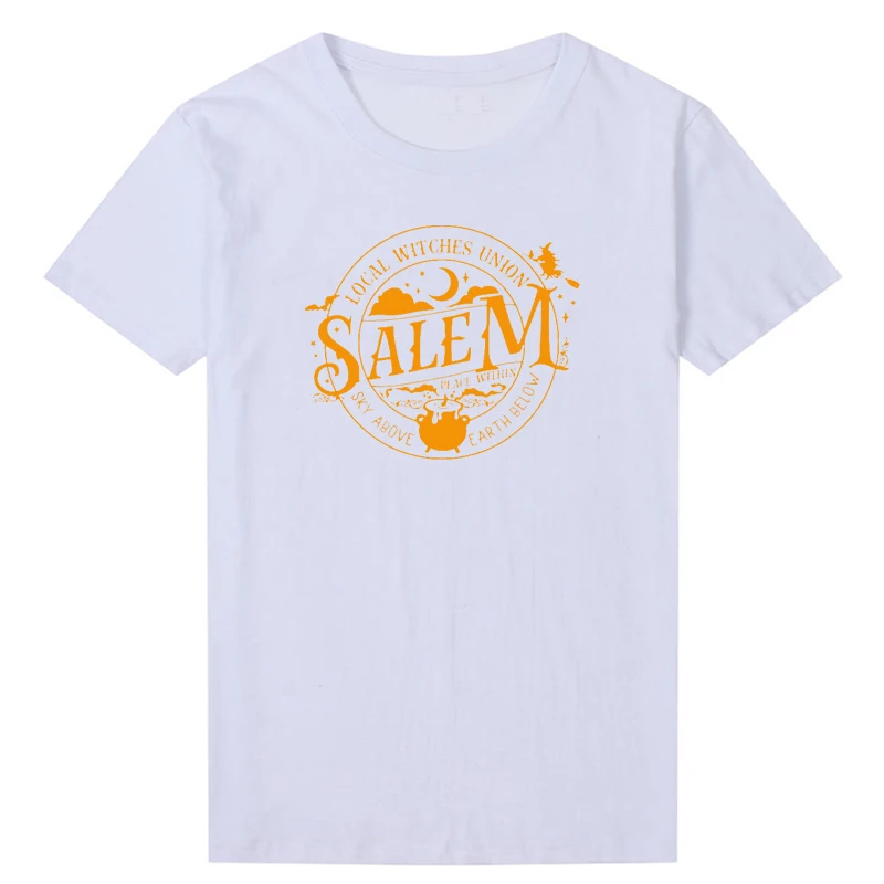 Địa Phương Phù Thủy Liên Salem Cam T Áo Sơ Mi Nữ 100% Cotton Graphic Tee Halloween Wicca Áo Thun Nữ Tay Ngắn Cao Cấp Witchy Áo Thun Nữ