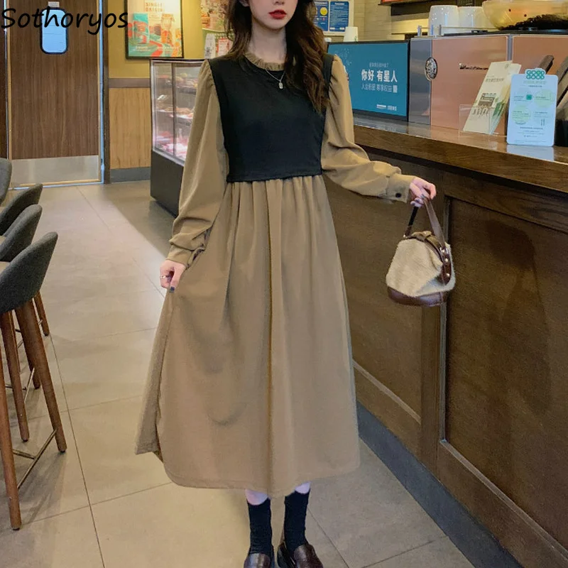 

Retro Long Sleeve Dress Women Designed Fake Two Pieces Popular M-3XL Patchwork Vintage Lace Up Mid-calf Dresses Spring Elegant