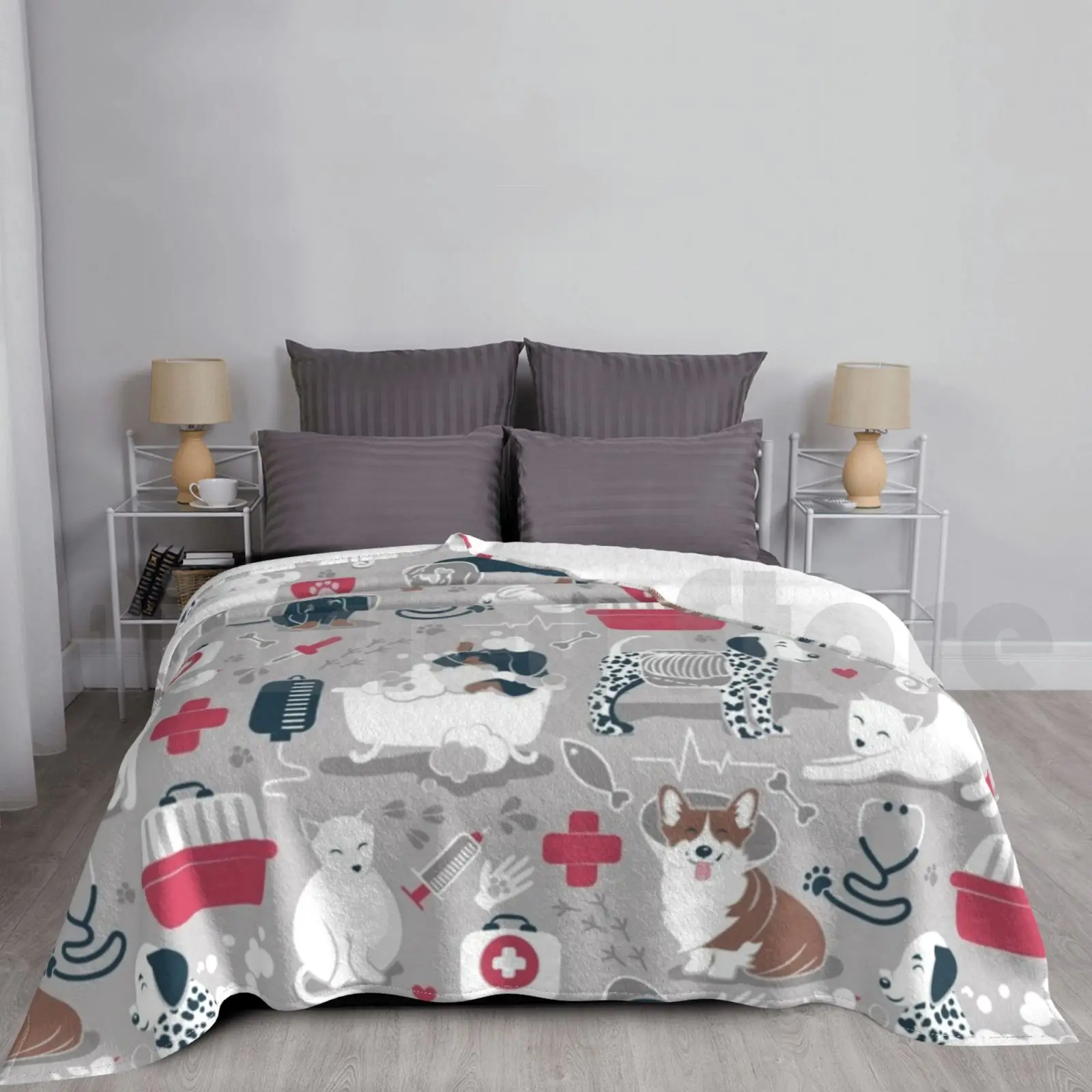 Blanket Veterinary Medicine , Happy And Healthy Friends / / Grey Background Red Details