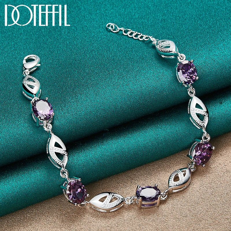 DOTEFFIL 925 Sterling Silver Purple Big AAA Zircon Bracelet Chain For Women Jewelry Engagement Party Christmas Gift